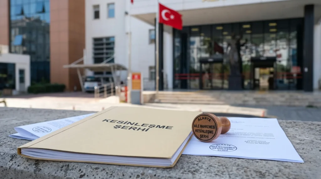 Alanya Adliyesi girişinde, beton zemin üzerinde duran mahkeme mühürlü boşanma davası kesinleşme şerhi dosyası ve resmi belgeler.