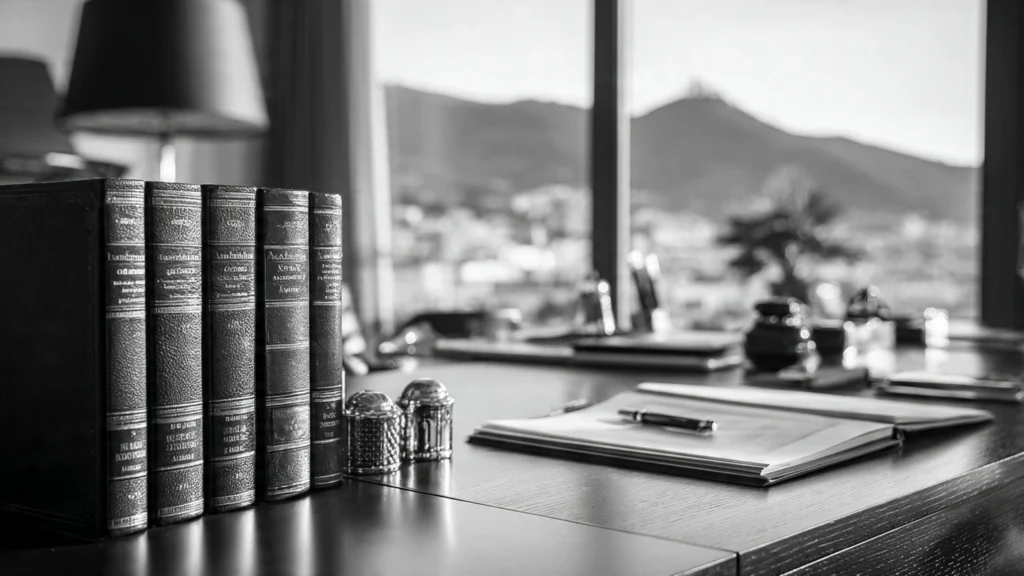 Alanya avukatlık bürosu profesyonel ofis ortamı, Alanya Adliyesi ve Alanya Kalesi manzarası, hukuki danışmanlık.