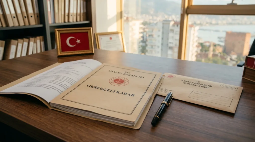 Alanya’da bir avukatlık ofisinde masa üzerinde açık duran Gerekçeli Karar yazılı dosya, dolma kalem ve resmi tebligat zarfı.