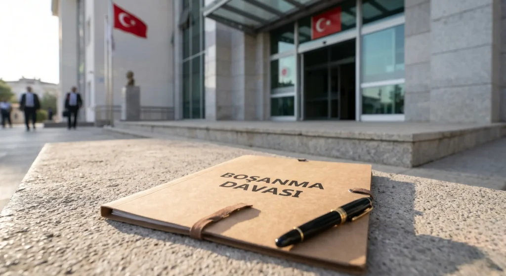 Alanya Adliyesi girişinde, beton zemin üzerinde duran mahkeme mühürlü boşanma davası kesinleşme şerhi dosyası ve resmi belgeler.