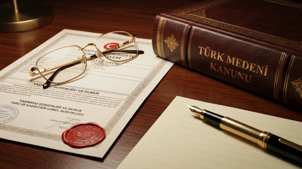Alanya gayrimenkul avukatı tarafından incelenen resmi tapu senedi, Türk Medeni Kanunu kitabı ve hukuk dökümanları.