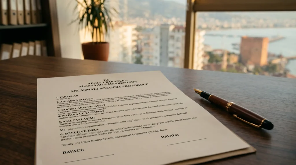 Alanya'da anlaşmalı boşanma davası için hukuk ofisinde hazırlanan resmi boşanma protokolü ve imza kalemi.