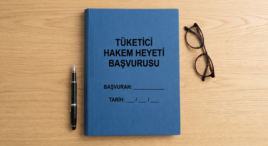 Alanya tüketici avukatı tarafından hazırlanan Tüketici Hakem Heyeti başvuru dosyası, hukuk kitabı ve profesyonel çalışma alanı.