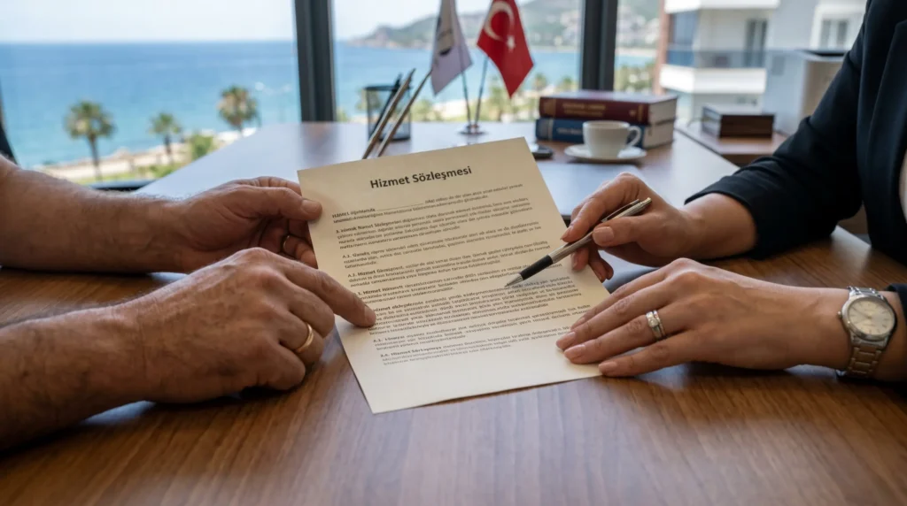 Alanya işçi avukatı ofis masasında kıdem tazminatı hesaplaması ve iş sözleşmesi incelemesi yapıyor.